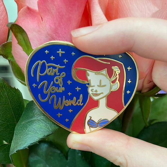 Disney, The Little Mermaid, Princess Ariel Heart Shaped Gold Plated Hard Enamel Pin, Fantasy Pin